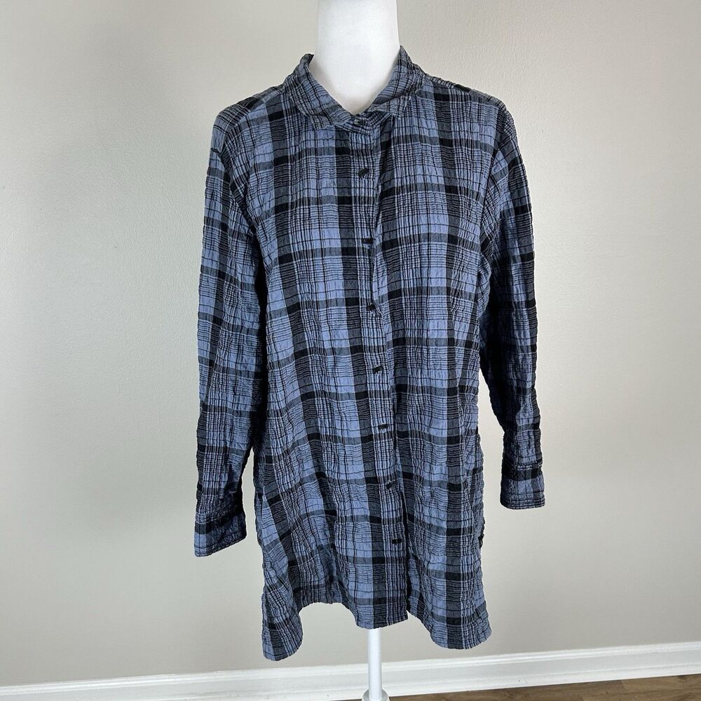 Habitat Clothes To Live In Shirt XL Blue Black Plaid Pockets Lagenlook Top Tunic